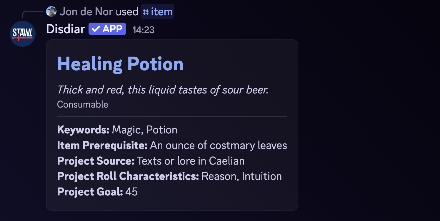 Result of '/item healing'