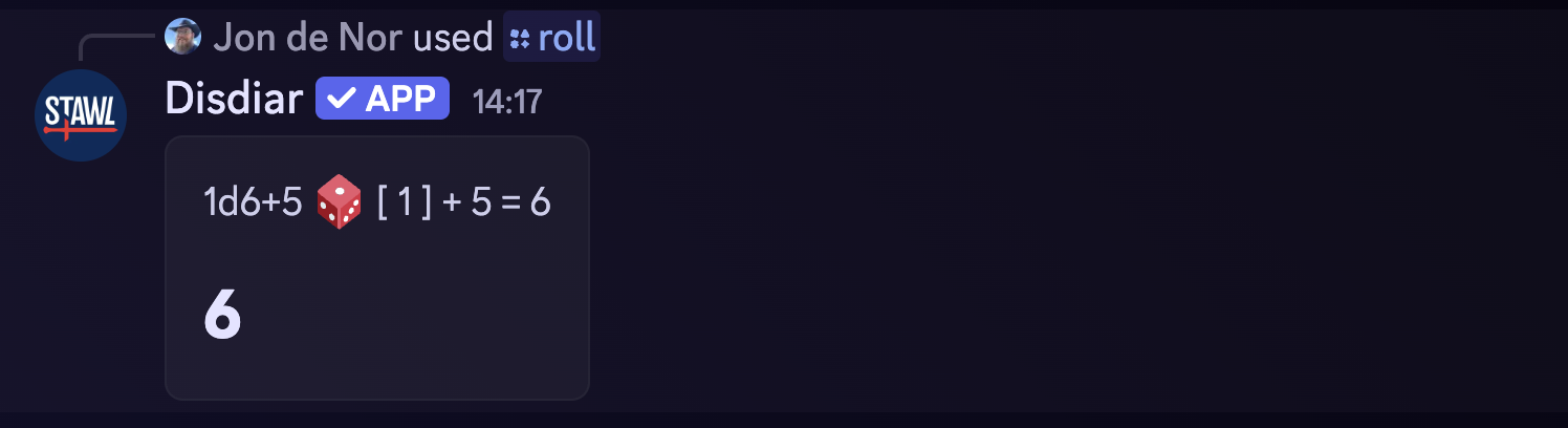 Result of '/roll 1d6+5'